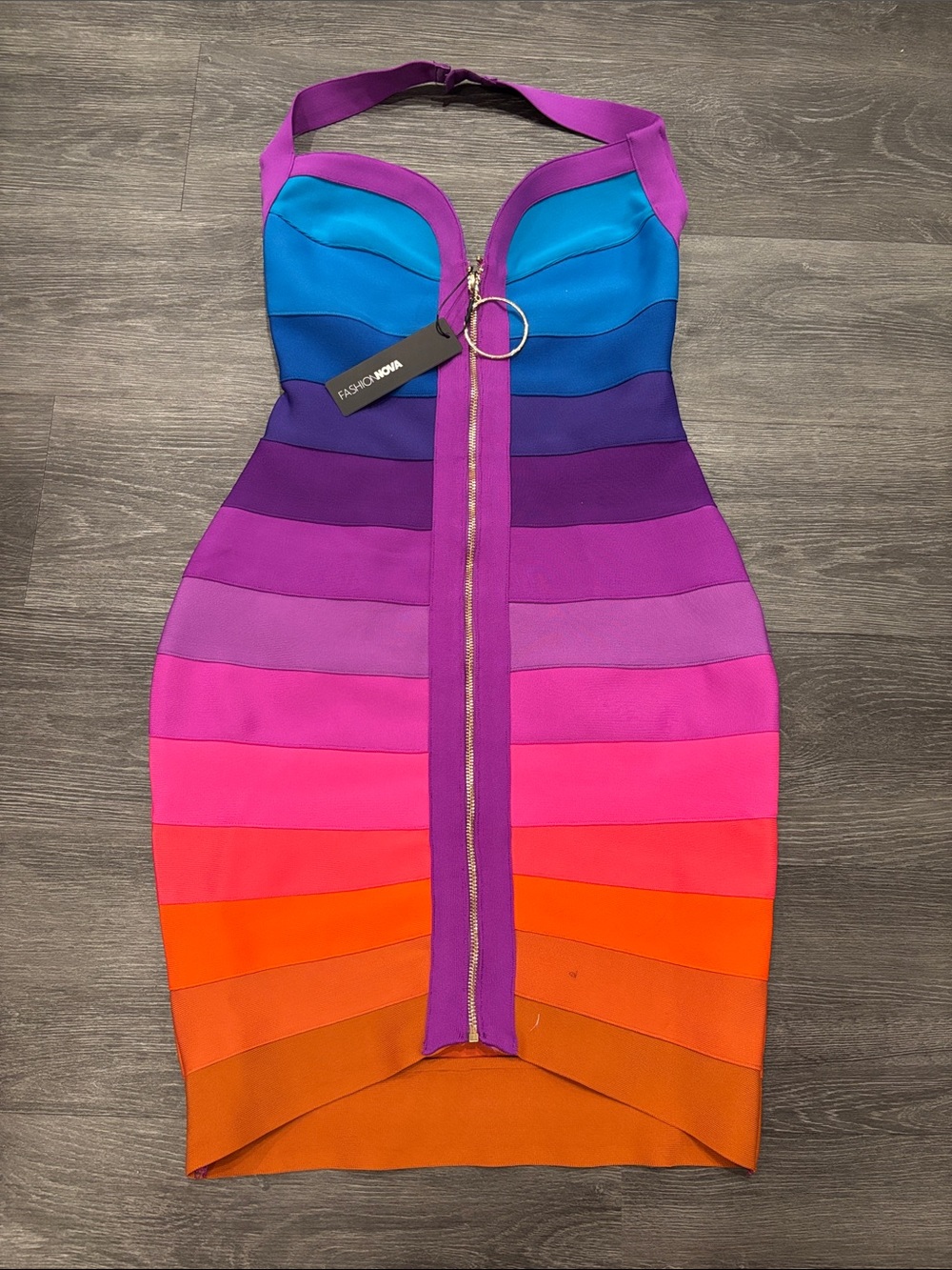 Fashion Nova Rainbow Bandage Halter Dress - Purple/Blue/Pink/Orange